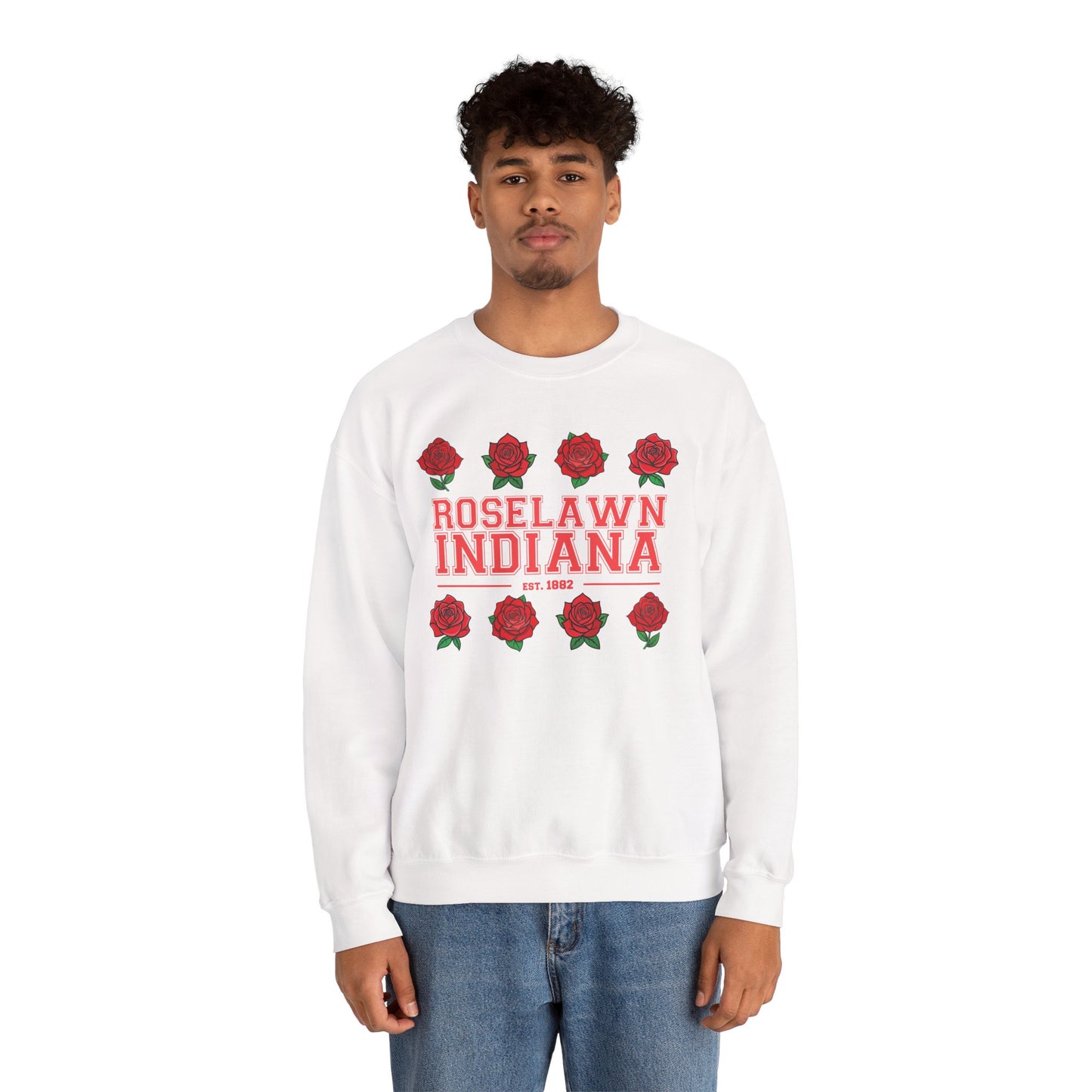 Roselawn, Indiana Rose Crewneck Sweatshirt | Cozy Sweatshirt, Floral Design, Town Pride
