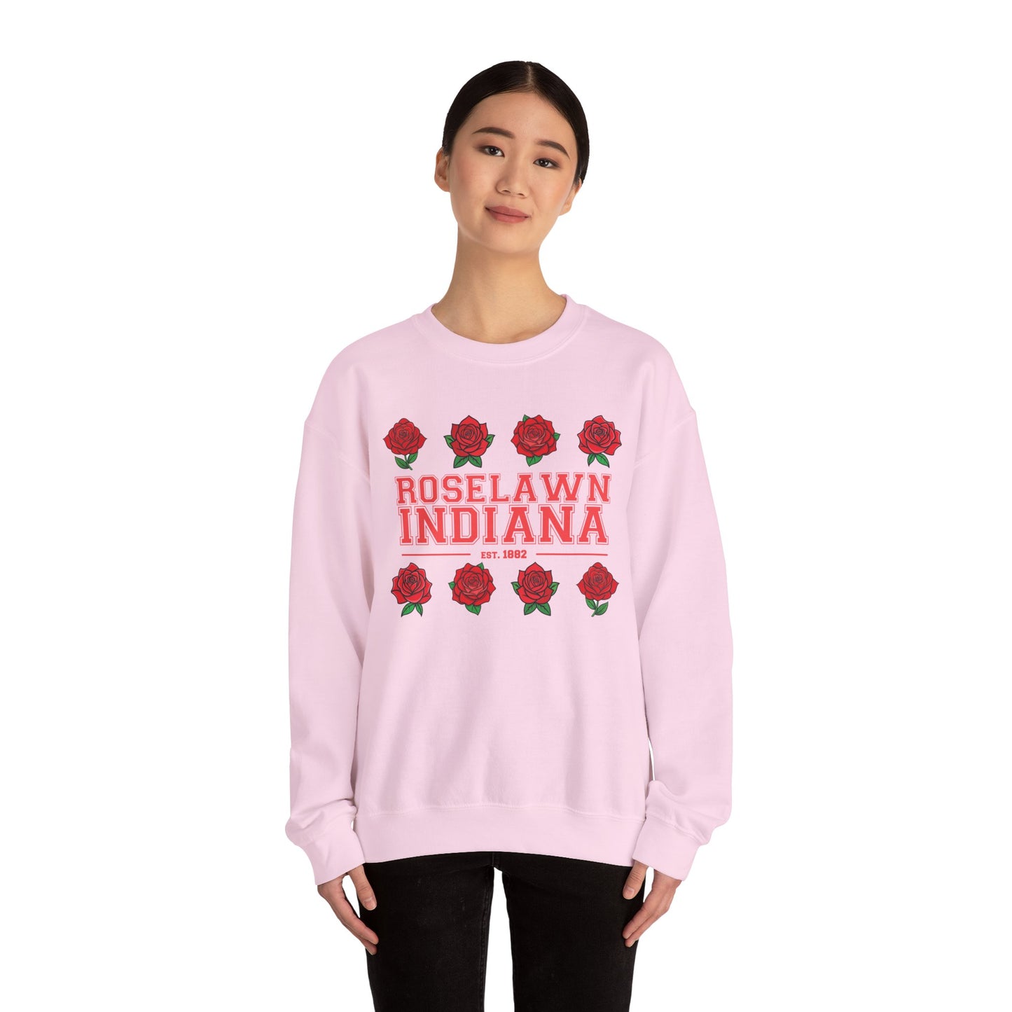 Roselawn, Indiana Rose Crewneck Sweatshirt | Cozy Sweatshirt, Floral Design, Town Pride