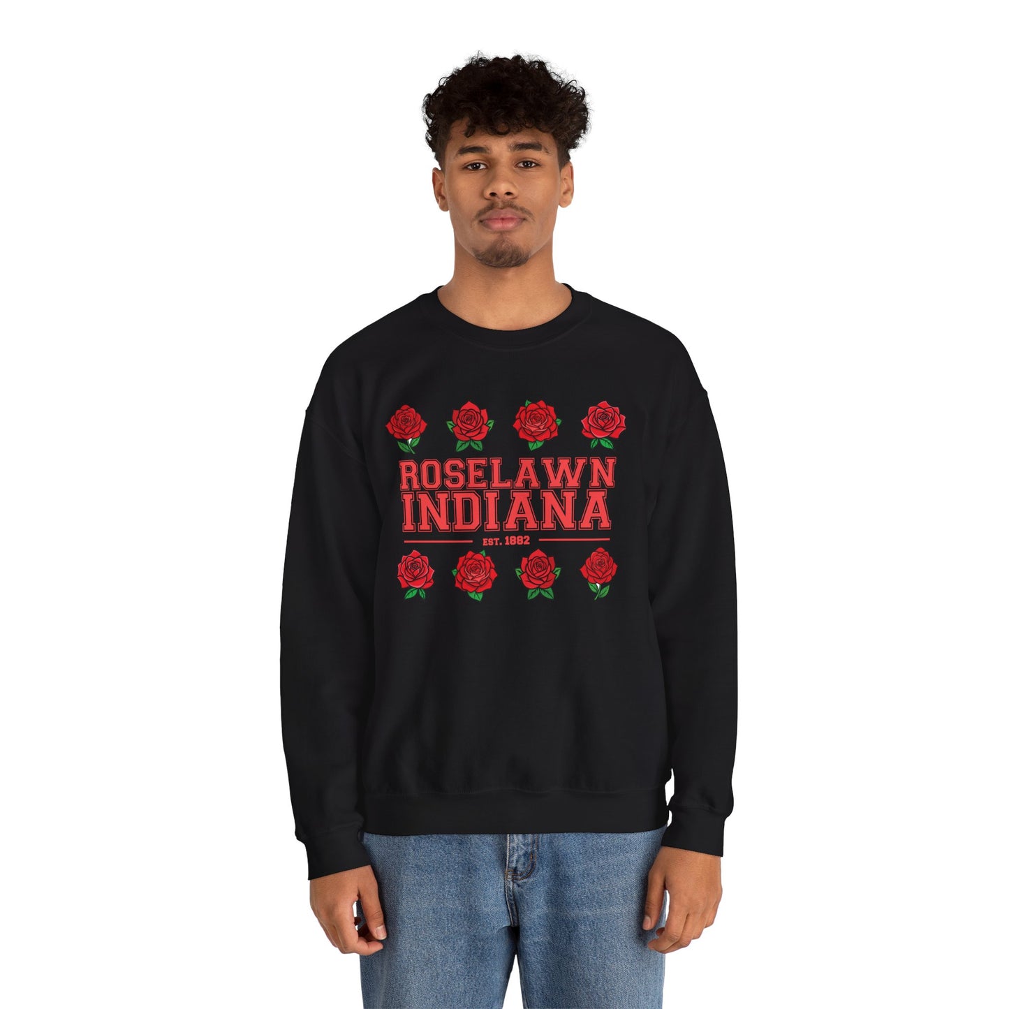 Roselawn, Indiana Rose Crewneck Sweatshirt | Cozy Sweatshirt, Floral Design, Town Pride